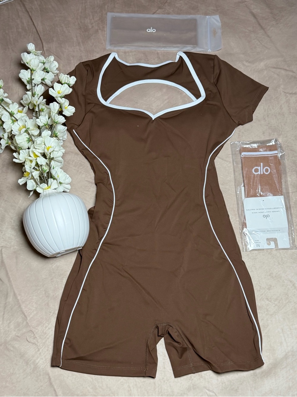 Alo Brown Cutout Active Romper with White Trim - Picture 2 of 2